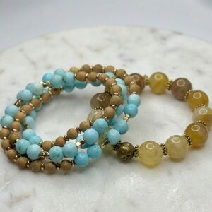 Set of 2 Bracelets | Jumbo Agate | Wood, Matte Turquoise Quartz & Hematite